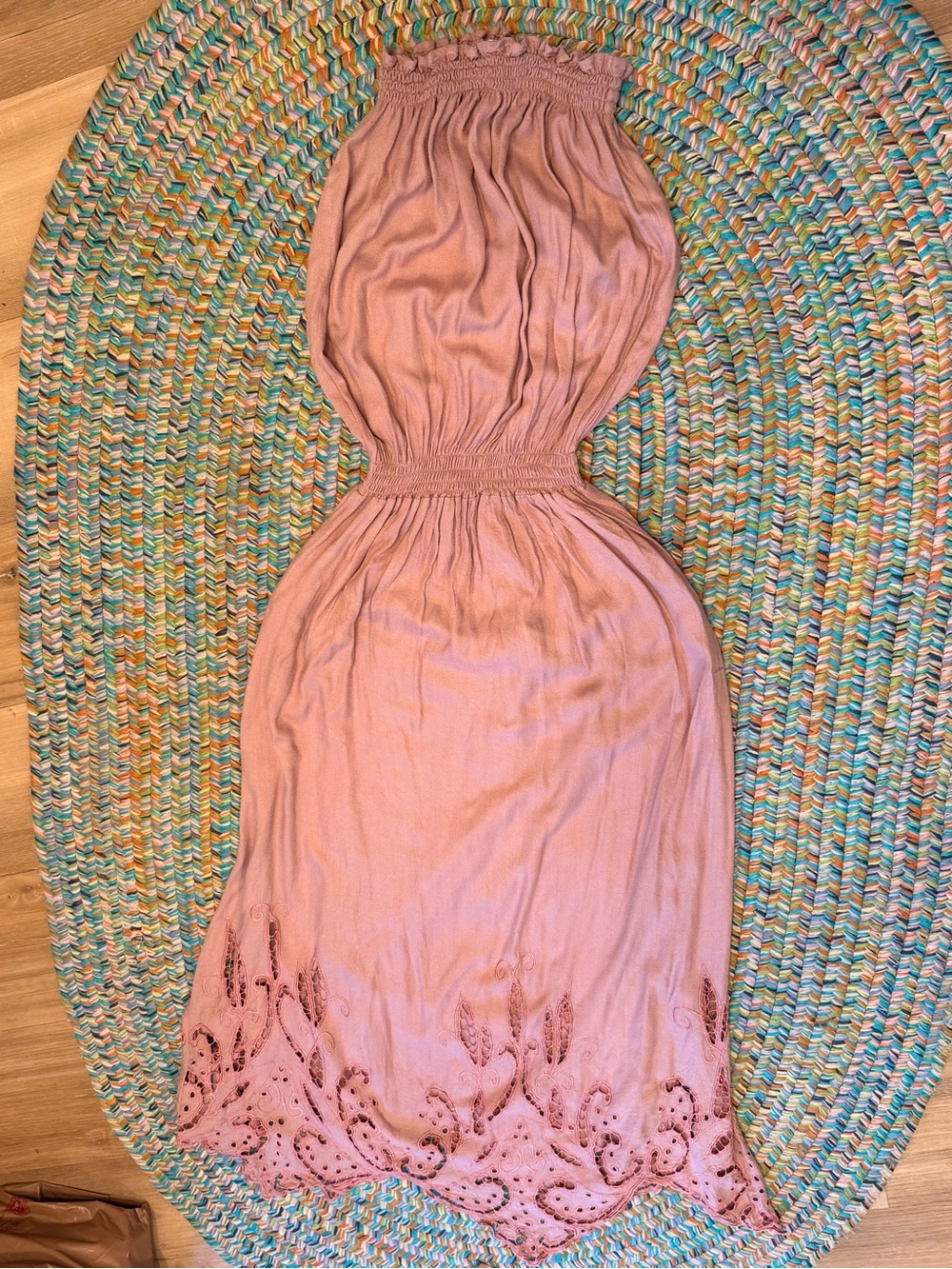 Strapless purple/pink pastel-Summer maxi Dress w eyelet border, flowy S-M